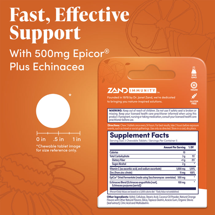 Zand Immune Fast Chews | Boosts Immune Response & Cell Activity w/ EpiCor* & Vitamin C (Orange, 15 Count)