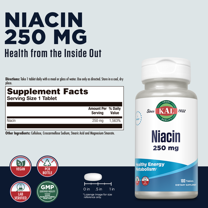 KAL Niacin 250 mg, Vitamin B3 Supplement, Metabolism and Healthy Energy Support, Skin, Nerve, Digestive Health and Circulation Support, Vegan Vitamin, 60-Day Guarantee, 100 Servings, 100 Tablets