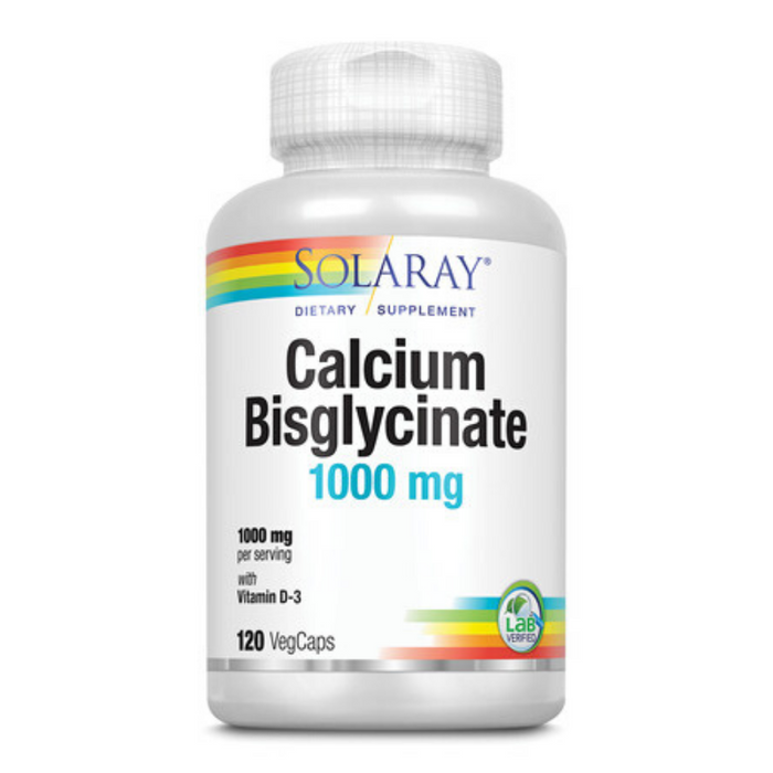 Solaray Calcium Bisglycinate 1000mg with Vitamin D-3, Chelated Calcium Supplement for Bone Strength and Healthy Teeth Support, Enhanced Absorption and Easy to Digest, 30 Servings, 120 VegCaps