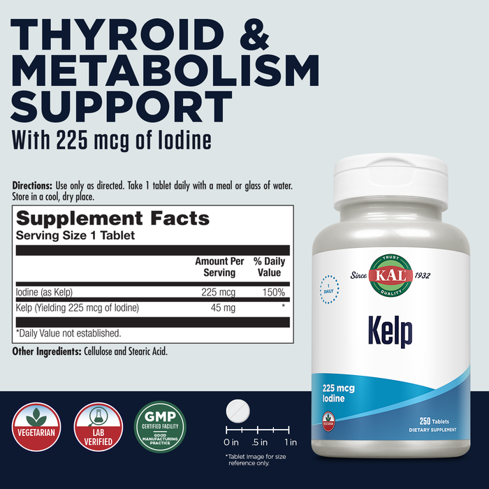 KAL Kelp Supplement Yielding 225mcg Iodine for Thyroid Support, Energy and Metabolism Support, High in Iron and Potassium, Vegetarian, Rapid Dissolve ActivTabs, 60-Day Guarantee, 250 Serv, 250 Tablets