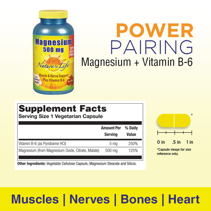 Natures Life Renewing Magnesium 500 mg - Magnesium Citrate, Magnesium Malate, Magnesium Oxide Plus Vitamin B-6 - Muscles and Nerves Support - Lab Verified (275 Servings, 275 VegCaps)