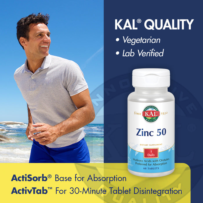 KAL Zinc 50mg Hydroxy Acid Complex, Healthy Metabolism and Immune Support Supplement with Zinc Orotate, Zinc Citrate, Enhanced Absorption w/ ActiSorb, Vegan, Gluten Free, Non-GMO, 60 Serv, 60 Tablets