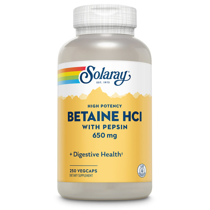 Solaray High Potency Betaine HCL with Pepsin - Hydrochloric Acid Supplement for Digestive Health - with Betaine Hydrochloride and Digestive Enzymes - Gut Health Support - 60-Day Guarantee, 275 VegCaps (250 Servings, 250 Veg Caps)