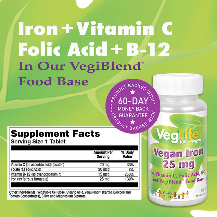 VegLife Vegan Iron 25 mg | Plus Vitamin C, Folic Acid, B-12 and VegiBlend Food Base | Plant Based Iron Supplement for Women & Men