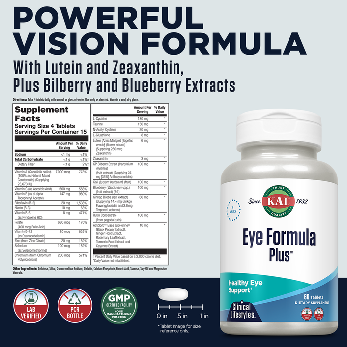 KAL Eye Formula Plus, Eye Care and Vision Supplements for Adults, with Eye Vitamins Lutein and Zeaxanthin, Plus Bilberry Extract, Goji and Blueberry Extract, 60-Day Guarantee, 15 Servings, 60 Tablets