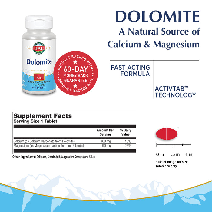 KAL Dolomite | Natural Calcium and Magnesium Source | Fast-Acting Formula for Healthy Teeth, Bones & Heart Function Support | 100 Tablets