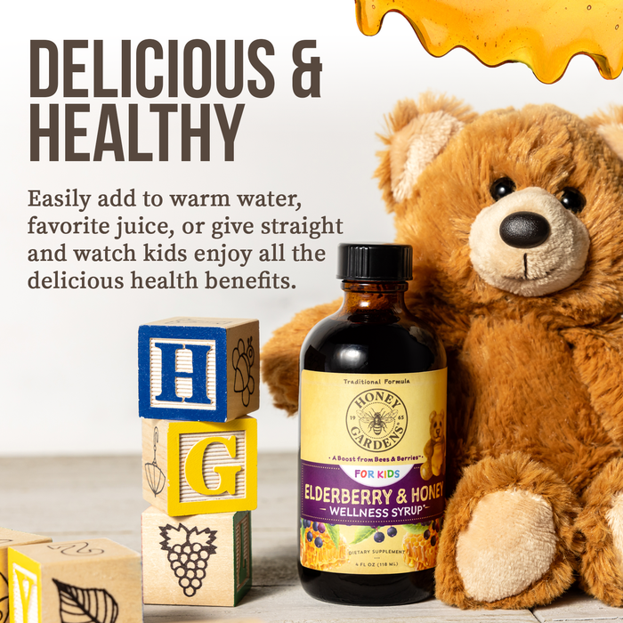 Honey Gardens Elderberry Syrup for Kids with Honey, Kids Elderberry Syrup, 6.4 mg of Elderberry Honey Syrup with Organic Raw Honey, Organic Echinacea Purpurea and Elderflower, 24 Servings, 4 FL. OZ.