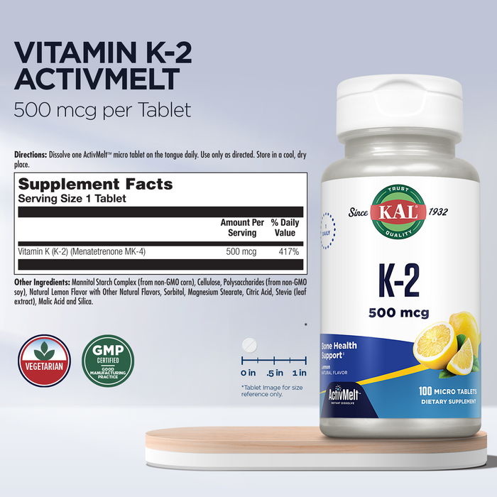 KAL Vitamin K2 500 mcg, Bone, Heart and Artery Health Supplement as Vitamin K2 MK4, Bone Strength and Cardiovascular Function Support, Natural Lemon ActivMelts, Vegetarian, 100 Serv, 100 Micro Tablets