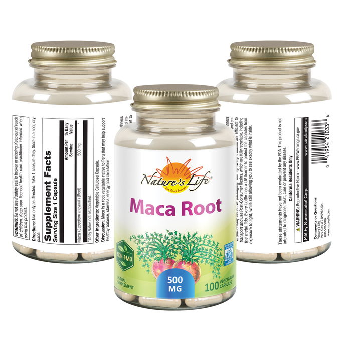 Nature's Life Maca Root 500mg | Healthy Energy, Vitality & Stamina Support | Non-GMO, Vegan | No Fillers | 100 Veg Caps