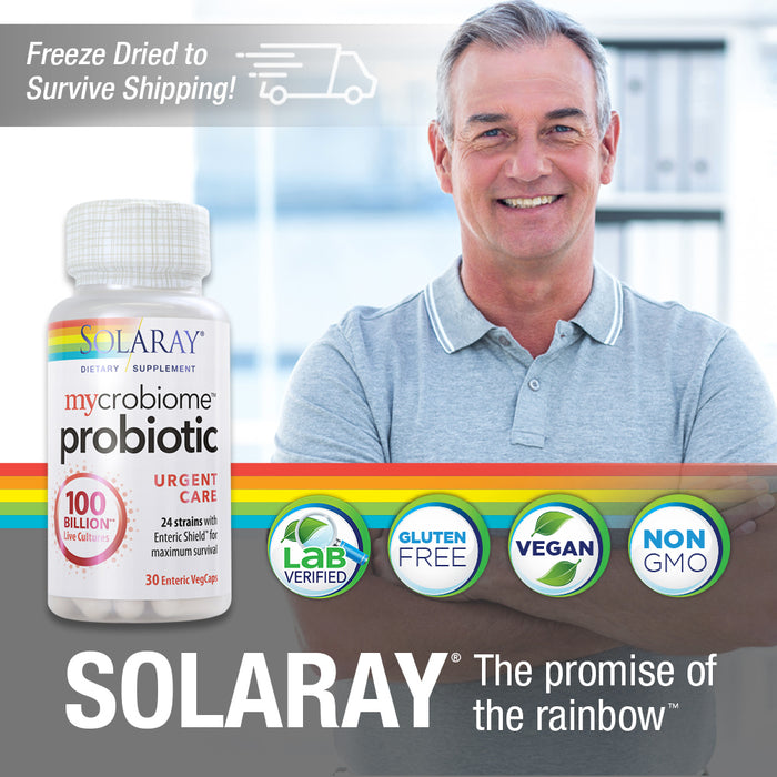 Solaray Mycrobiome Probiotic Urgent Care | Formulated to Support Healthy Digestion, Immune Function & More | 100 Billion CFU | 30 VegCaps