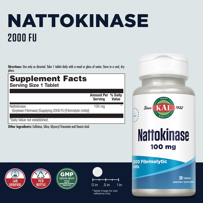 KAL Nattokinase 2000 FU - Nattokinase 100mg - Healthy Blood Circulation Supplements Support - Enteric Coated - Lab Verified, 60-Day Guarantee - 100 Servings, 100 Tablets