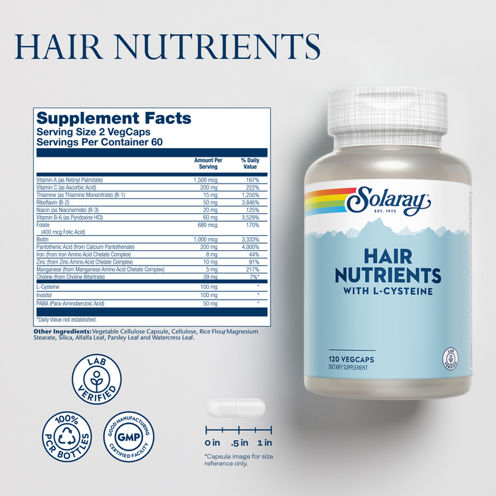 Solaray Hair Nutrients with L-Cysteine - Hair Vitamins with Biotin for Hair Growth Support - Hair Skin and Nails Vitamins for Women and Men - Lab Verified, 60-Day Guarantee - 60 Servings, 120 VegCaps