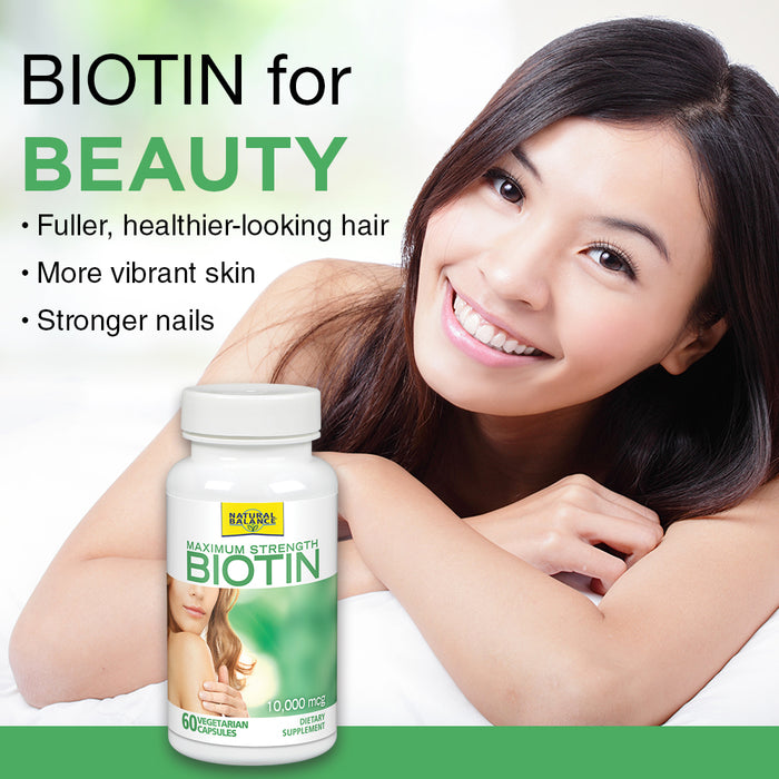 Natural Balance Biotin 10,000 mcg | Healthy Hair Supplement | Skin Health & Strong Nails Support | 60 VegCaps