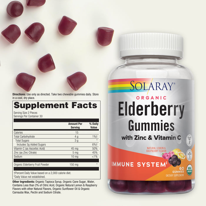 Solaray Organic Elderberry Gummies w/ Zinc & Vitamin C | Healthy Immune System Support | Gluten Free | 30 Serv, 60 Ct