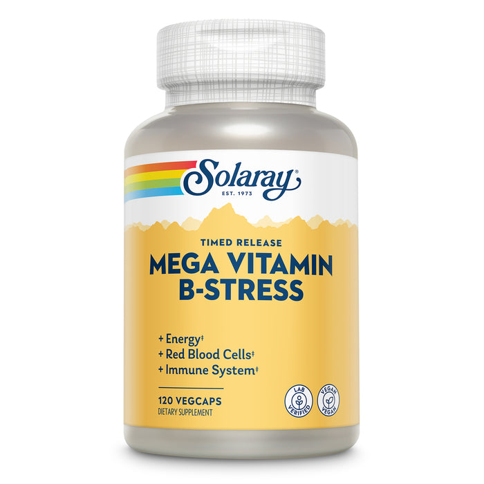 SOLARAY Mega Vitamin B-Stress - Timed Release Vitamin B Complex w/ Vitamin B12, B6, Folic Acid, Vit. C - Stress, Energy, Red Blood Cell, Immune Support - Vegan, 60-Day Guarantee (120 Count (Pack of 1))