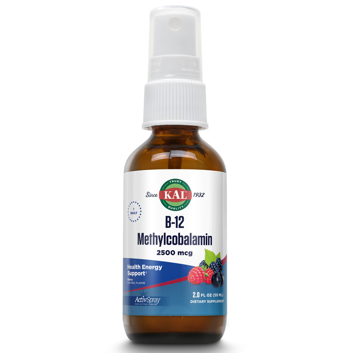 KAL Vitamin B12 Methylcobalamin ActivSpray 2500mcg, Healthy Energy, Metabolism, Nerve & Red Blood Cell Support,* Fast-Acting Liquid B12, Maximum Absorption, Natural Berry Flavor, 80 Servings, 2 fl oz