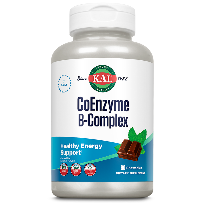 KAL CoEnzyme Vitamin B Complex, Chewable B Vitamins for Healthy Energy, Red Blood Cell and Nerve Function Support w/ Vitamin B12, B6, Folic Acid, Natural Cocoa Mint, Vegan, Sugar Free, 30 Serv, 60ct