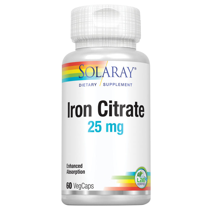 Solaray Iron Citrate - Chelated Iron Supplement for Women and Men - Healthy Circulation, Cardiovascular Function, and Menstrual Support - Vegan, 60-Day Guarantee - 60 Servings, 60 VegCaps