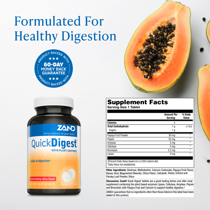 Zand Quick Digest with Plant Enzymes | Healthy Digestion Support w/ Lipase, Cellulase, Amylase, Papain, Bromelain, Papaya & Calcium | 90 Chewables