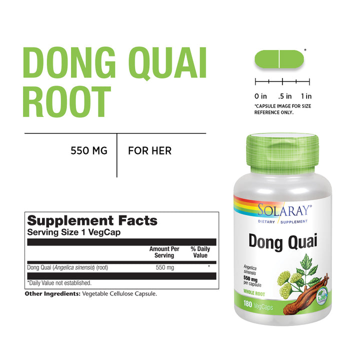 Solaray Dong Quai Root 550mg | Healthy Menstrual & Menopausal Support | Womens Health Supplement | Whole Root | Non-GMO, Vegan & Lab Verified | 180ct