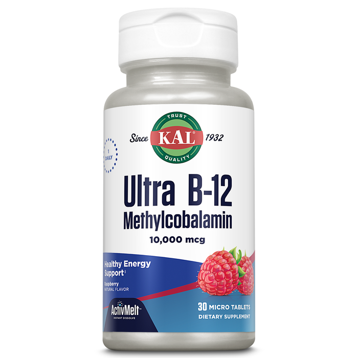 KAL Ultra B12 Methylcobalamin 10,000mcg, High Potency Vitamin B-12 for Healthy Energy, Metabolism, Nerve, Red Blood Cell Support,* Natural Raspberry Flavor, Vegetarian, 30 Micro Tablets