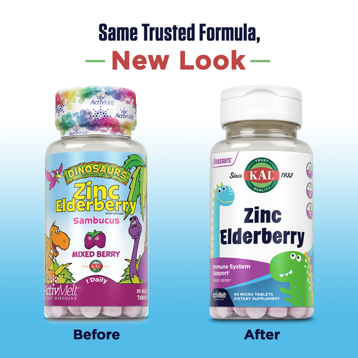 KAL Kids Elderberry Zinc Dinosaurs - Kids Immune Support Zinc Supplement w/ Sambucus Elderberry - Fast Dissolving Mixed Berry ActivMelts - Fun, Tasty Dino Shapes, Vegan, 90 Servings, 90 Micro Tablets