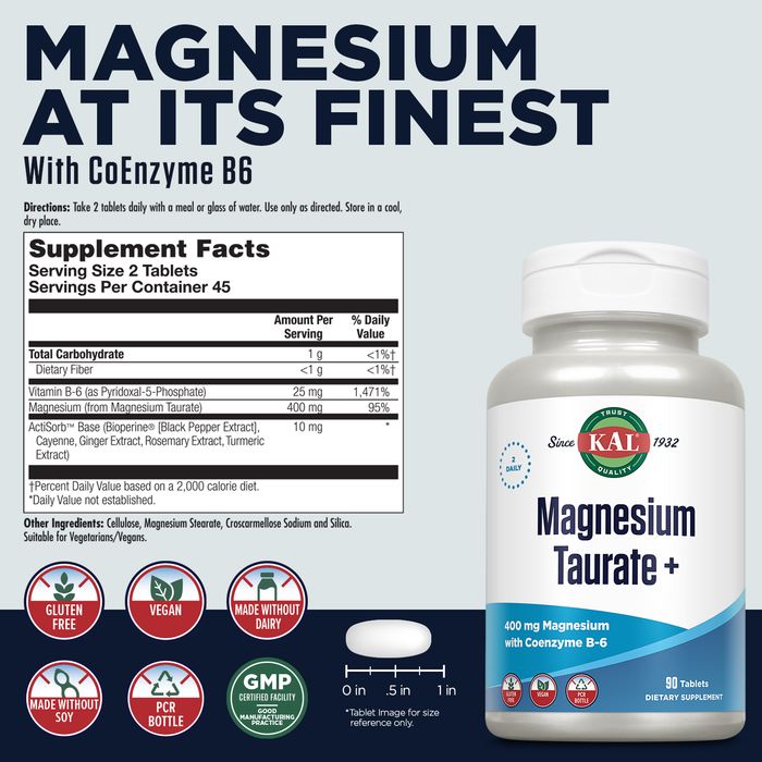 KAL Magnesium Taurate 400mg Plus Vitamin B6, Chelated Magnesium Supplement, High Absorption Magnesium Complex, Muscle and Heart Health Support, Vegan, Gluten Free, 60-Day Guarantee (45 Serv, 90 Tablets)