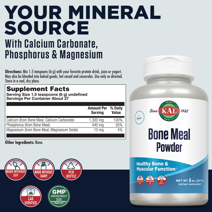 KAL Bone Meal Powder, Calcium Magnesium Supplement, Bone Health, Muscle Function and Nerve Health, Sterilized and Edible, Unflavored, Made Without Soy or Dairy, 60-Day Guarantee (Approx. 37 Serv, 8oz)