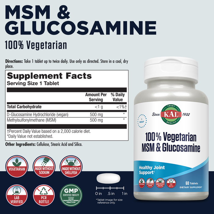 KAL 100% Vegetarian MSM & Glucosamine - Healthy Joint Support - Vegan Glucosamine and MSM Supplement - Made Without Shellfish - Lab Verified - 60-Day Guarantee - 60 Servings, 60 Tablets