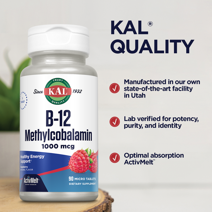 KAL B-12 Methylcobalamin ActivMelt 1000 mcg Natural Raspberry Flavor Healthy Metabolism, Energy, Nerve & Red Blood Cell Support 90 Micro Tablets