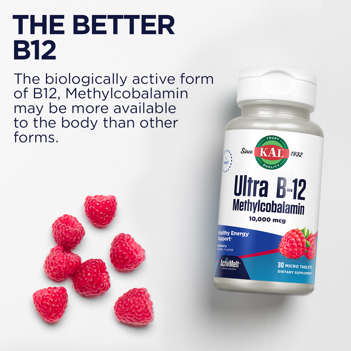 KAL Ultra B12 Methylcobalamin 10,000mcg, High Potency Vitamin B-12 for Healthy Energy, Metabolism, Nerve, Red Blood Cell Support,* Natural Raspberry Flavor, Vegetarian, 30 Micro Tablets