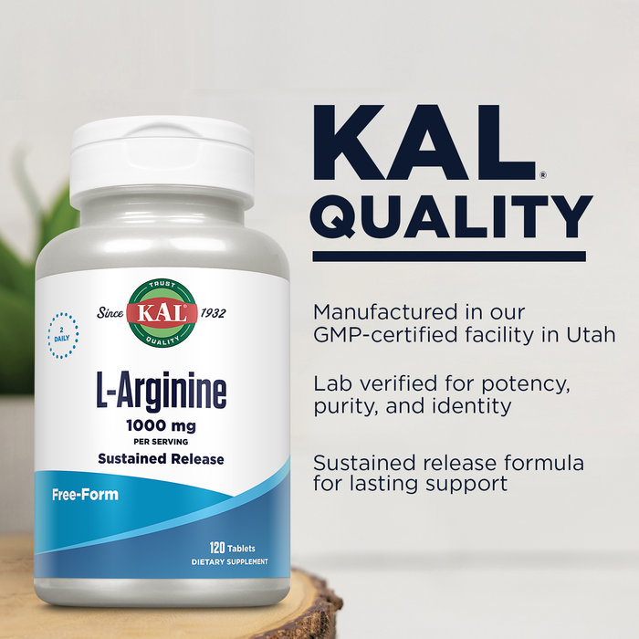 KAL L Arginine 1000mg - Pre Workout Nitric Oxide Supplement - Traditionally Used for Energy, Endurance, Circulation and Heart Health Support - Sustained Release, 60-Day Guarantee, 60 Serv, 120 Tablets