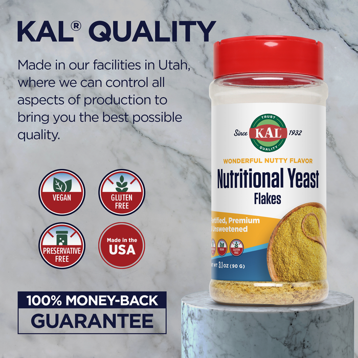 KAL Nutritional Yeast Flakes, Fortified with B12, Folic Acid & Other B Vitamins, Unsweetened, Great Nutty Flavor, Vegan & Gluten Free, 60-Day Money Back Guarantee, Made in the USA, 20 Servings, 3.1oz