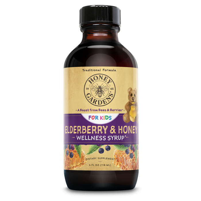 Honey Gardens Elderberry Syrup for Kids with Honey, Kids Elderberry Syrup, 6.4 mg of Elderberry Honey Syrup with Organic Raw Honey, Organic Echinacea Purpurea and Elderflower, 24 Servings, 4 FL. OZ.