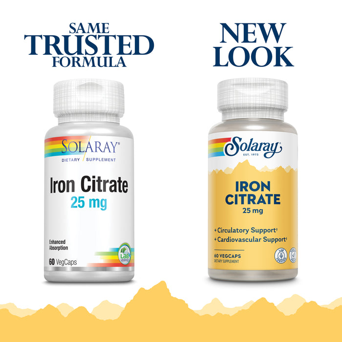 Solaray Iron Citrate - Chelated Iron Supplement for Women and Men - Healthy Circulation, Cardiovascular Function, and Menstrual Support - Vegan, 60-Day Guarantee - 60 Servings, 60 VegCaps