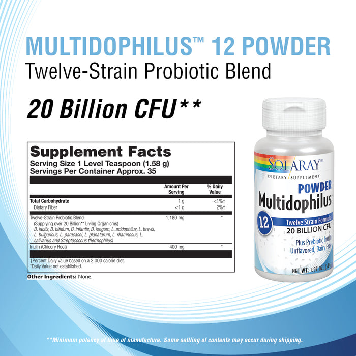 Solaray Multidophilus 12 Strain Probiotic Powder | 20 Billion CFU | Healthy Gut Support | Approx 30 Servings | 1.97oz