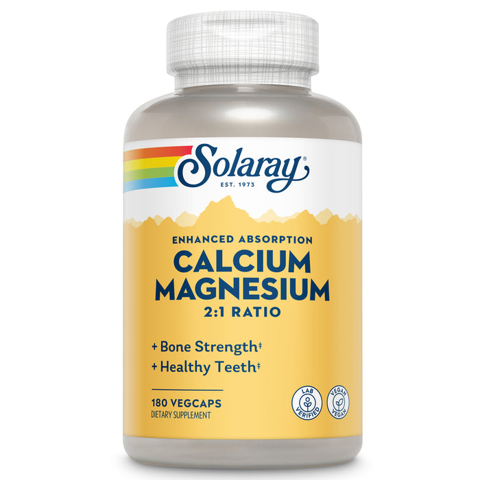 Solaray Calcium Magnesium Supplement 2:1 Ratio, Healthy Bone Strength and Teeth Support, High Absorption, Vegan Calcium Supplement, Lab Verified, 60-Day Guarantee, 45 Servings, 180 VegCaps