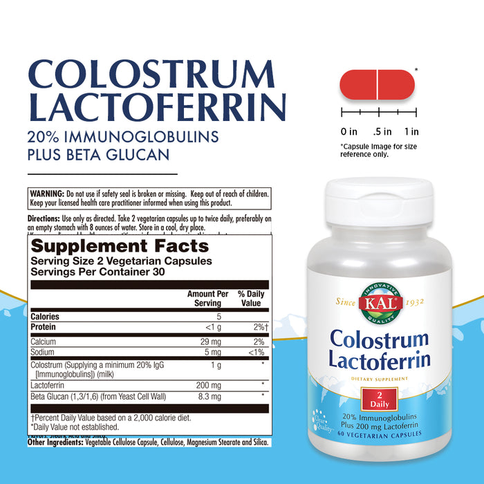 KAL Colostrum Lactoferrin, 20% Immunoglobulins | Lactoferrin & Beta Glucan | Healthy Immune Support | 30 Serv | 60 Caps