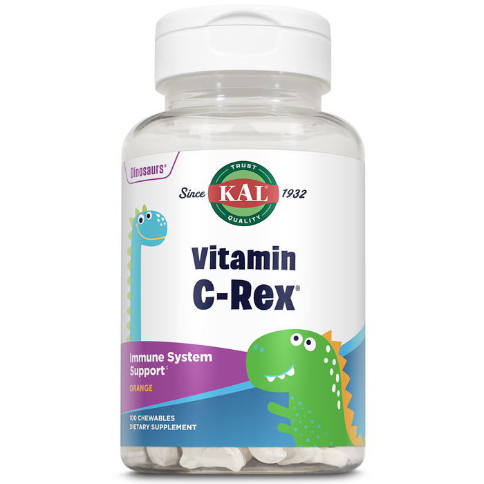 KAL C-Rex Chewable Vitamin C for Kids, Immune Support Supplement with Bioflavonoids from Rose Hips, Rutin & Acerola, Tasty Orange Vitamin C Chews, Fructose Free, 100 Vitamin C Chewable Tablets