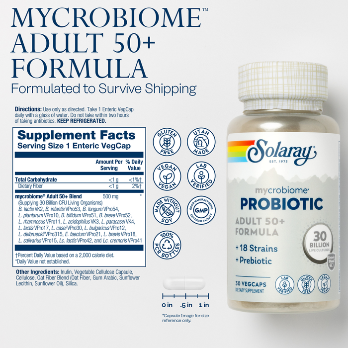 Solaray Mycrobiome Probiotic Adult 50 Plus Formula, Probiotics for Women and Men, Healthy Digestion, Metabolism, Energy, Colon and Urinary Tract Support, 30 Billion CFU, 30 Servings, 30 VegCaps