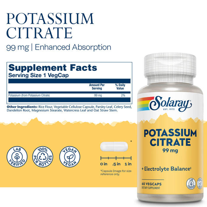 Solaray Potassium Citrate, Healthy Electrolyte Balance, Nerve & Muscle Function Support,  Vegan, 60 VegCaps