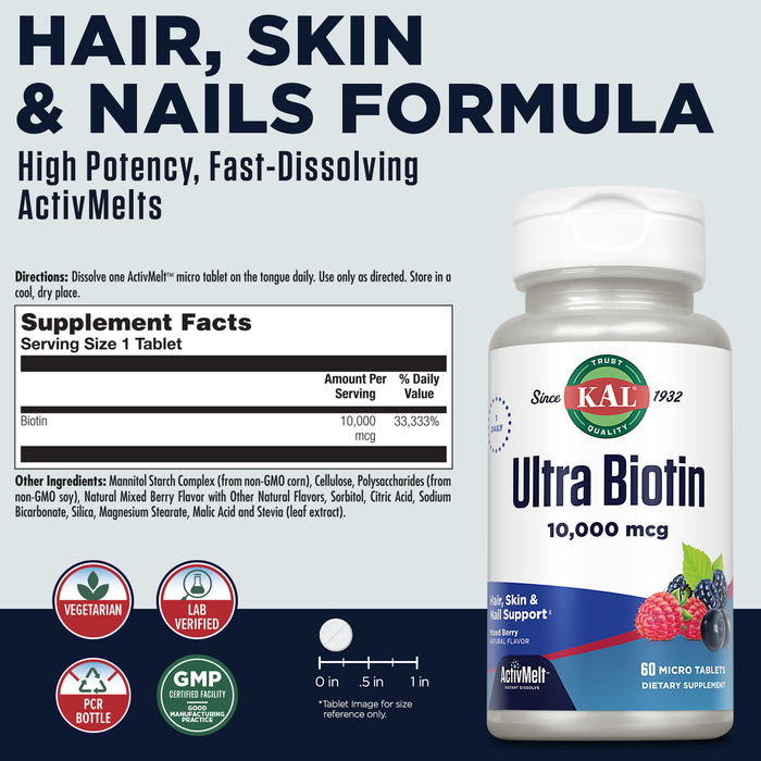 KAL Ultra Biotin 10000mcg ActivMelt, Hair Growth Supplement, High Potency Vitamin B7 for Healthy Hair, Skin, Nails and Energy Support, Vegetarian, Natural Mixed Berry Flavor, 60 Serv, 60 Micro Tablets