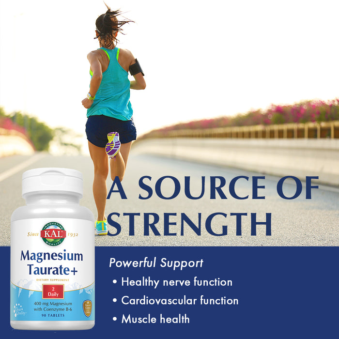 KAL Magnesium Taurate 400mg Plus Vitamin B6, Chelated Magnesium Supplement, High Absorption Magnesium Complex, Muscle and Heart Health Support, Vegan, Gluten Free, 60-Day Guarantee (90 CT, 2pk)