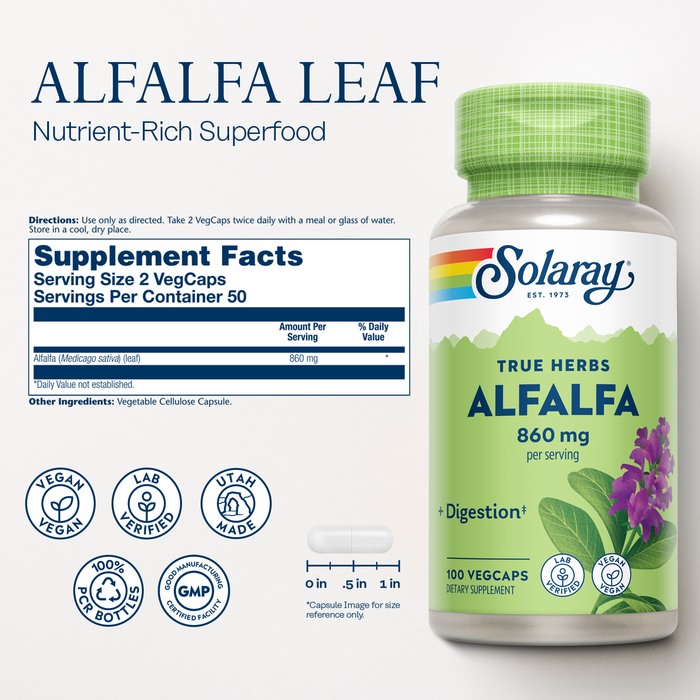 Solaray Alfalfa Leaf 860 mg, Alfalfa Capsules, Superfood with Naturally Occurring Vitamins, Minerals, and Fiber, Healthy Digestion Support, Vegan, 60-Day Guarantee, 50 Servings, 100 VegCaps