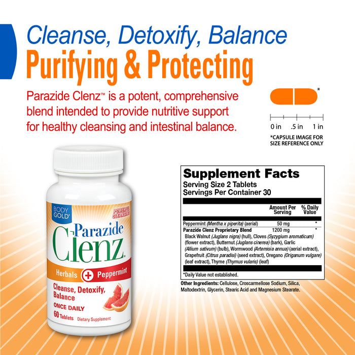 Body Gold Parazide Clenz Herbals & Peppermint | Intestinal Cleanse & Detox w/ Black Walnut & More | 30 Serv, 60 Tablets