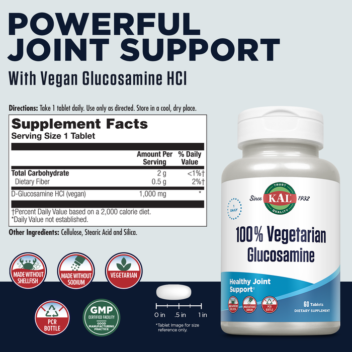 KAL 100% Vegetarian Glucosamine 1000 mg, Joint Health Supplement with Vegan Glucosamine HCl, Joint Support for Comfort and Mobility, Made Without Shellfish, 60-Day Guarantee, 60 Servings, 60 Tablets