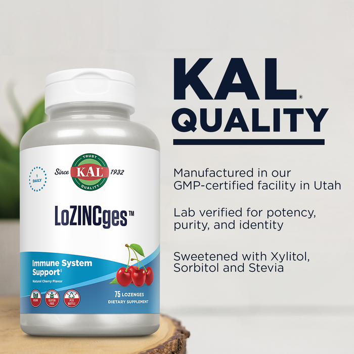 KAL LoZINCges - Immune Support Supplement - Zinc Lozenges with Vitamin C, Echinacea Purpurea, Slippery Elm, Rose Hips, Vegan, Gluten Free, Natural Cherry Flavor, 60-Day Guarantee, 75 Servings, 75ct