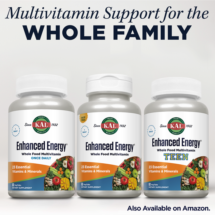 KAL Enhanced Energy Supplements, Once Daily Whole Food Multivitamin for Women and Men, Iron Free, 23 Essential Vitamins, Minerals, Super Foods, Digestive Enzymes, 60-Day Guarantee, 60 Serv, 60 VegTabs