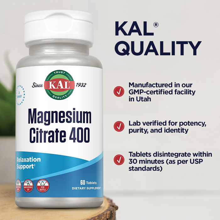 KAL Magnesium Citrate 400mg, Magnesium Supplement for Healthy Muscle Function, Relaxation, Nerve and Circulation Support, Rapid Disintegration ActivTabs, Vegan, Gluten Free, 30 Servings, 60 Tablets