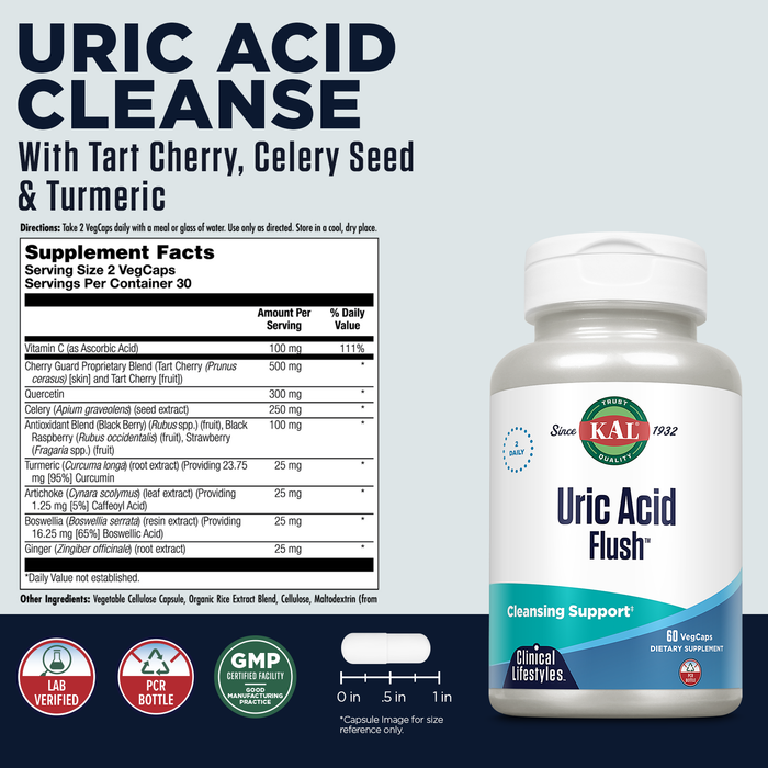 KAL Uric Acid Flush, Joint Health Supplement with Tart Cherry Extract, Celery Seed and Turmeric Extract, Joint Comfort and Mobility Support, Lab Verified, 60-Day Guarantee, 30 Servings, 60 VegCaps